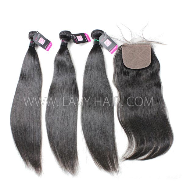 Superior Grade 4 bundles with silk base closure 4*4" Straight Virgin hair Brazilian Peruvian Malaysian Indian European Cambodian Burmese Mongolian