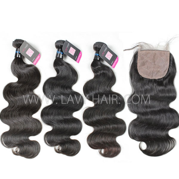 Superior Grade mix 4 bundles with silk base closure 4*4" Peruvian Body Wave Virgin Human hair extensions