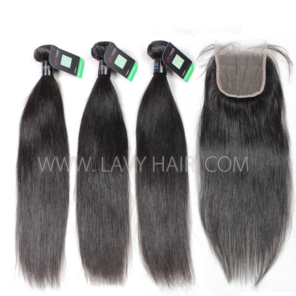Regular Grade mix 3 bundles with lace closure Peruvian Straight Hair Virgin Human hair extensions