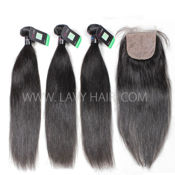 Regular Grade mix 4 bundles with silk base closure 4*4" Peruvian Straight Hair Virgin Human hair extensions