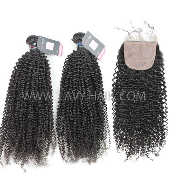Superior Grade mix 3 bundles with silk base closure 4*4" Peruvian Kinky Curly Virgin Human hair extensions