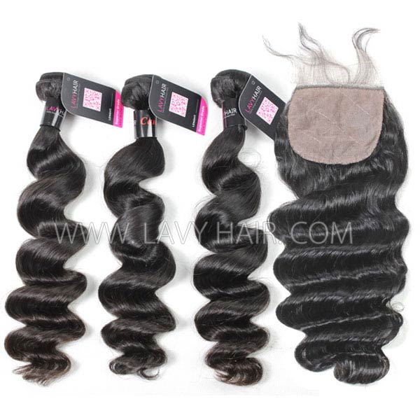 Superior Grade mix 4 bundles with silk base closure 4*4" Cambodian loose wave Virgin Human hair extensions