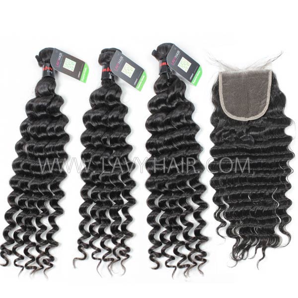 Regular Grade mix 4 bundles with lace closure Cambodian Deep wave Virgin Human hair extensions