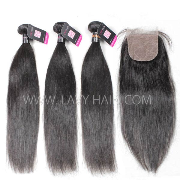 Superior Grade mix 4 bundles with silk base closure 4*4" Indian Straight Virgin Human hair extensions