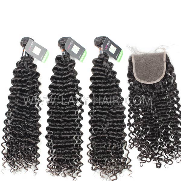 Regular Grade mix 3 bundles with lace closure Indian Deep Curly Virgin Human hair extensions