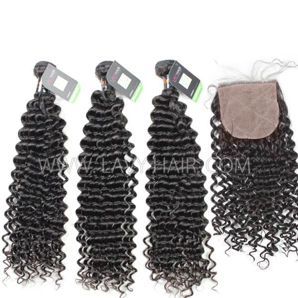 Regular Grade mix 3 bundles with silk base closure 4*4" Indian Deep Curly Virgin Human hair extensions
