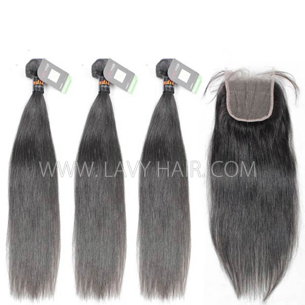 Regular Grade mix 3 bundles with lace closure Indian Straight Virgin Human hair extensions