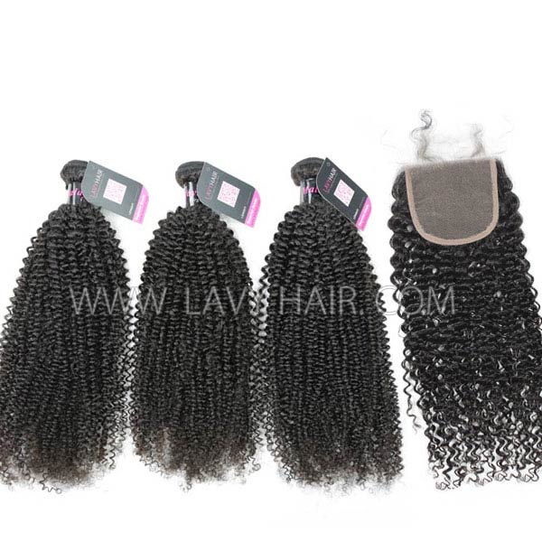 Superior Grade mix 3 bundles with lace closure Malaysian Kinky Curly Virgin Human hair extensions