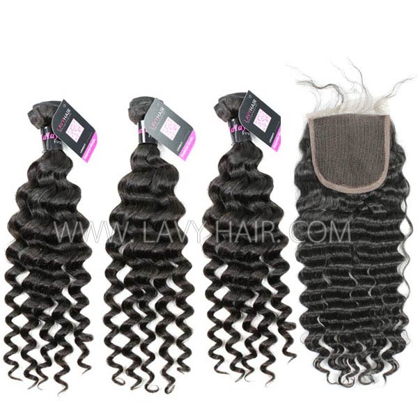 Superior Grade mix 4 bundles with lace closure Malaysian deep wave Virgin Human hair extensions