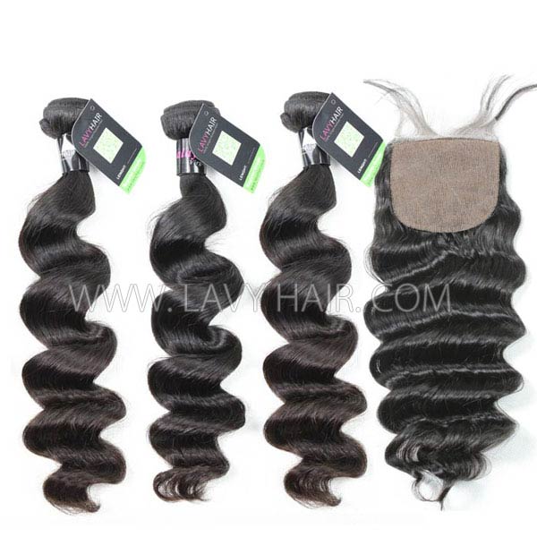 Regular Grade mix 4 bundles with silk base closure 4*4" Malaysian loose wave Virgin Human hair extensions