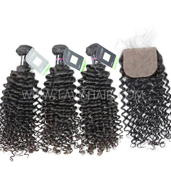 Regular Grade mix 3 bundles with silk base closure 4*4" Malaysian Deep Curly Virgin Human hair extensions