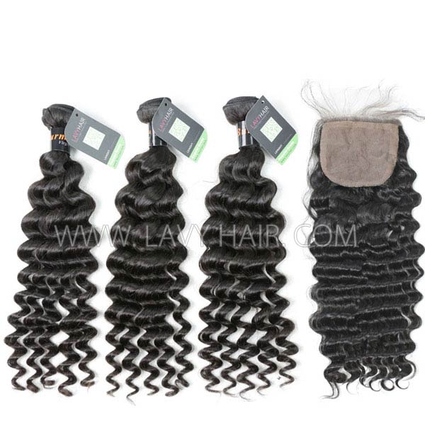 Regular Grade mix 3 bundles with silk base closure 4*4" Burmese Deep wave Virgin Human   hair extensions