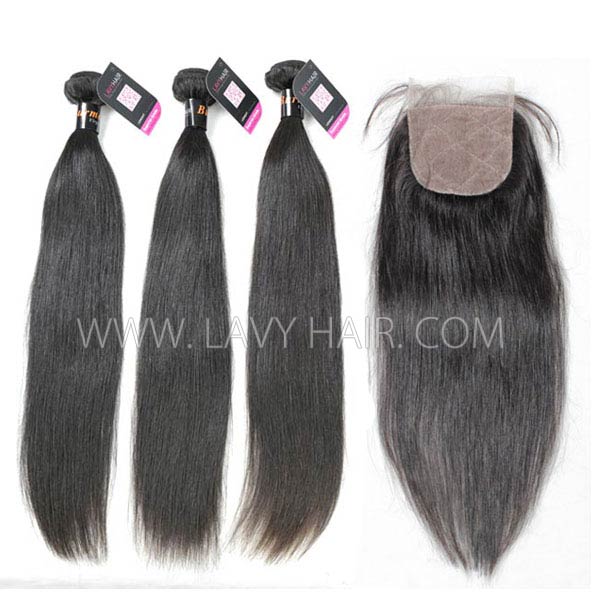 Superior Grade mix 4 bundles with silk base closure 4*4" Burmese Straight Virgin Human hair extensions