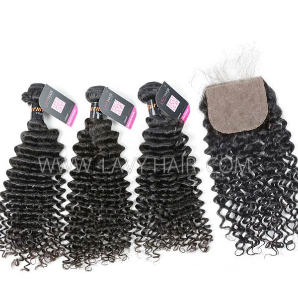Superior Grade mix 3 bundles with silk base closure 4*4" Burmese Deep Curly Virgin Human hair extensions