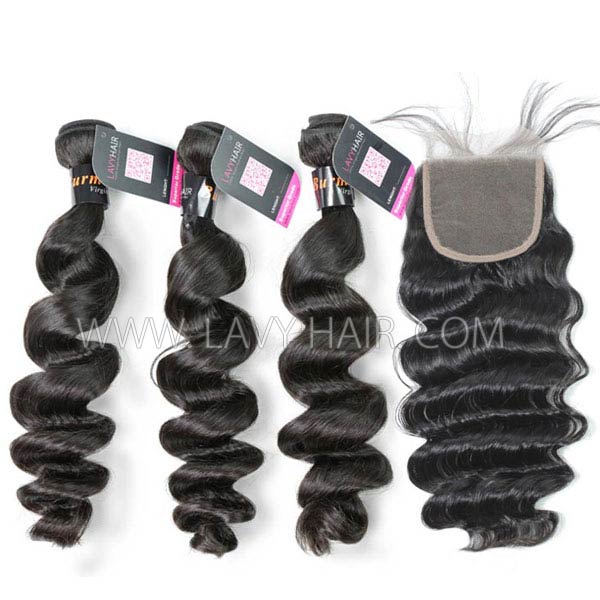 Superior Grade mix 3 bundles with lace closure Burmese loose wave Virgin Human hair extensions