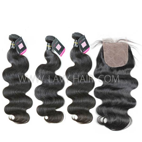Superior Grade mix 4 bundles with silk base closure 4*4" European Body wave Virgin Human hair extensions