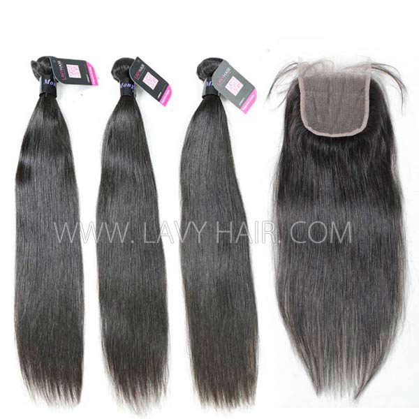 Superior Grade mix 3 bundles with lace closure Mongolian Straight Virgin Human hair extensions