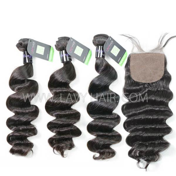 Regular Grade mix 4 bundles with silk base closure 4*4" Mongolian loose wave Virgin Human hair extensions