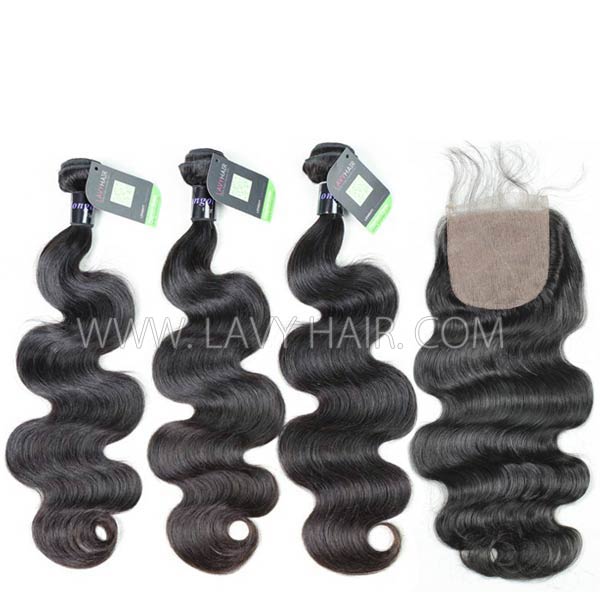 Regular Grade mix 4 bundles with silk base closure 4*4" Mongolian Body Wave Virgin Human hair extensions
