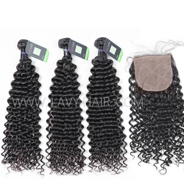 Regular Grade mix 4 bundles with silk base closure 4*4" Mongolian Deep Curly Virgin Human hair extensions