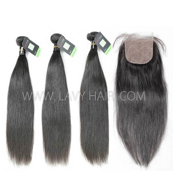 Regular Grade mix 4 bundles with silk base closure 4*4" European Straight Virgin Human hair extensions
