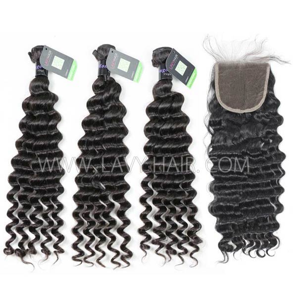 Regular Grade mix 4 bundles with lace closure Mongolian Deep wave Virgin Human hair extensions