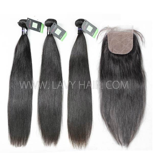Regular Grade mix 3 bundles with silk base closure 4*4" Mongolian Straight Virgin Human hair extensions