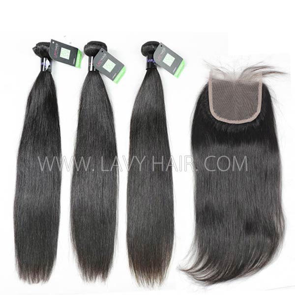 Regular Grade mix 4 bundles with lace closure Mongolian Straight Virgin Human hair extensions