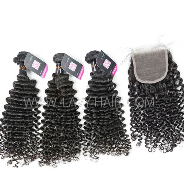 Superior Grade mix 4 bundles with lace closure Burmese Deep Curly Virgin Human hair extensions