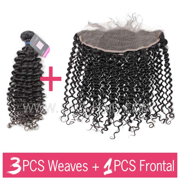 Superior Grade mix 3 bundles with 13*4 lace frontal closoure Peruvian Deep Curly Virgin Human Hair Extensions