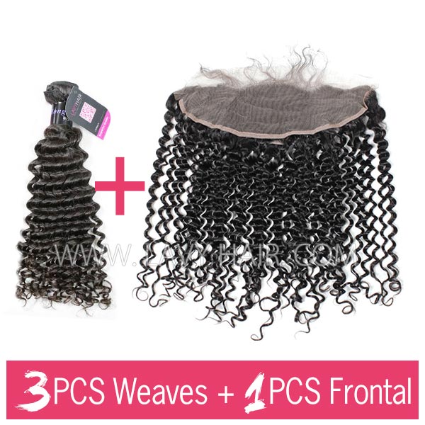 Superior Grade mix 3 bundles with 13*4 lace frontal closoure Mongolian Deep Curly Virgin Human Hair Extensions