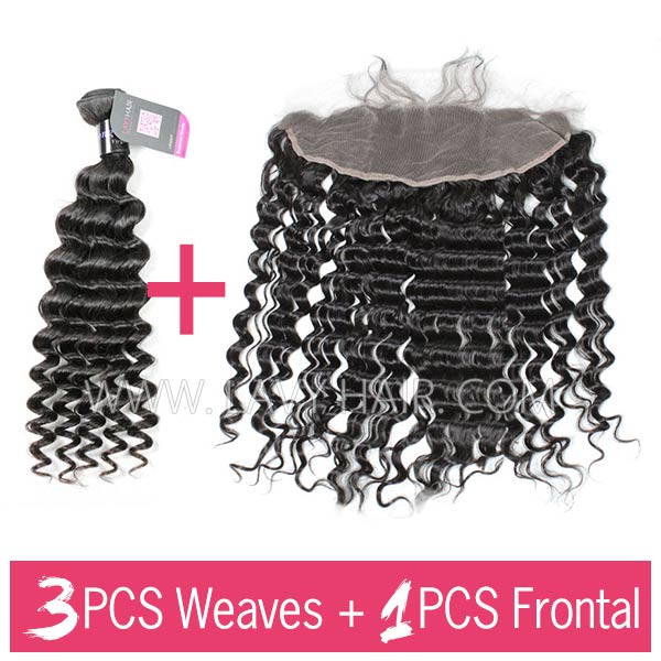 Superior Grade mix 3 bundles with 13*4 lace frontal closoure Mongolian Deep Wave Virgin Human Hair Extensions