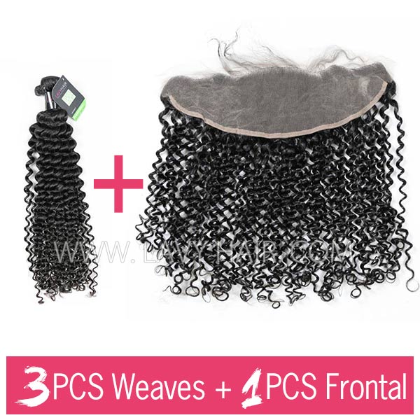 Regular Grade mix 3 bundles with 13*4 lace frontal closure European Deep Curly Virgin Human hair extensions