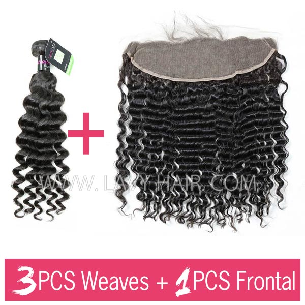 Regular Grade mix 3 bundles with 13*4 lace frontal closure Malaysian Deep Wave Virgin Human hair extensions