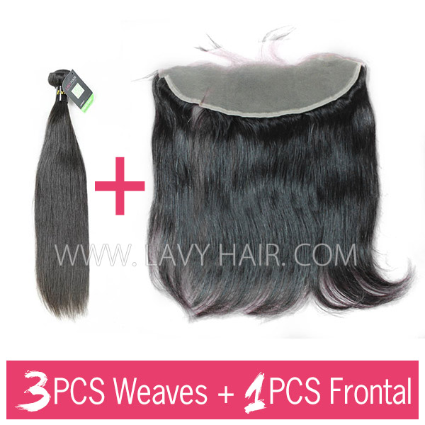 Regular Grade mix 3 bundles with 13*4 lace frontal closure European Straight Virgin Human hair extensions