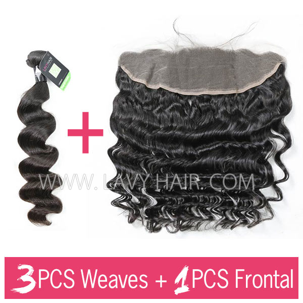 Regular Grade mix 3 bundles with 13*4 lace frontal closure Malaysian Loose wave Virgin Human hair extensions