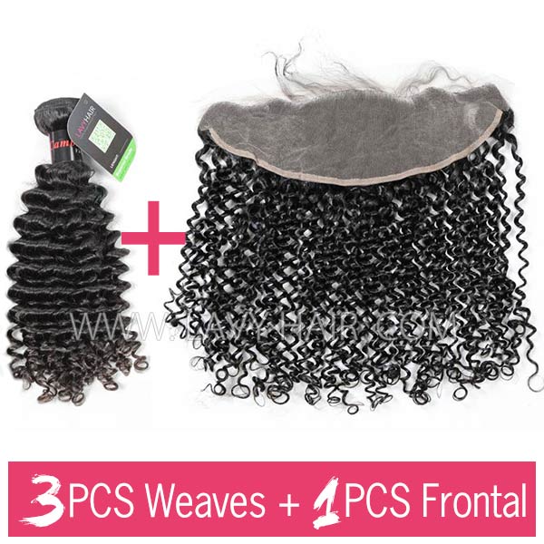 Regular Grade mix 3 bundles with 13*4 lace frontal closure Cambodian Deep Curly Virgin Human hair extensions