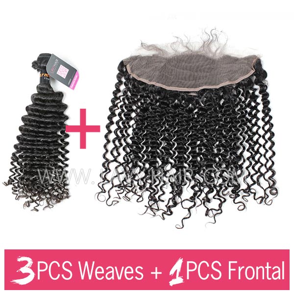 Superior Grade mix 3 bundles with 13*4 lace frontal closoure Burmese Deep Curly Virgin Human Hair Extensions