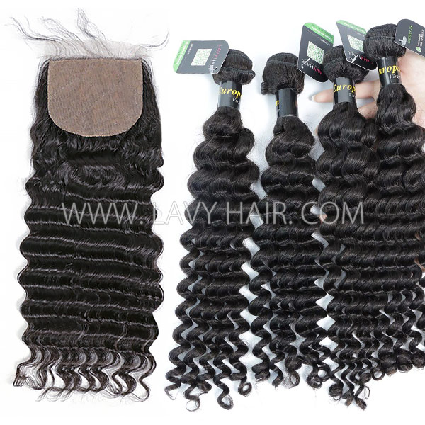 Regular Grade mix 3 bundles with silk base closure 4*4" European Deep wave Virgin Human   hair extensions