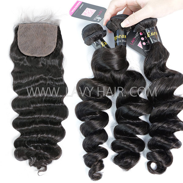 Superior Grade mix 3 bundles with silk base closure 4*4" European  loose wave Virgin Human hair extensions