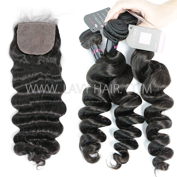Superior Grade mix 3 bundles with silk base closure 4*4" Malaysian Loose Wave Virgin Human Hair Extensions