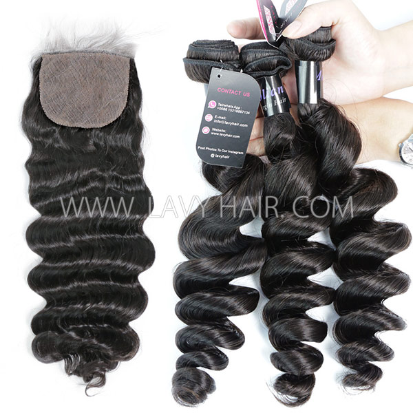 Superior Grade mix 3 bundles with silk base closure 4*4" Mongolian Loose Wave Virgin Human Hair Extensions