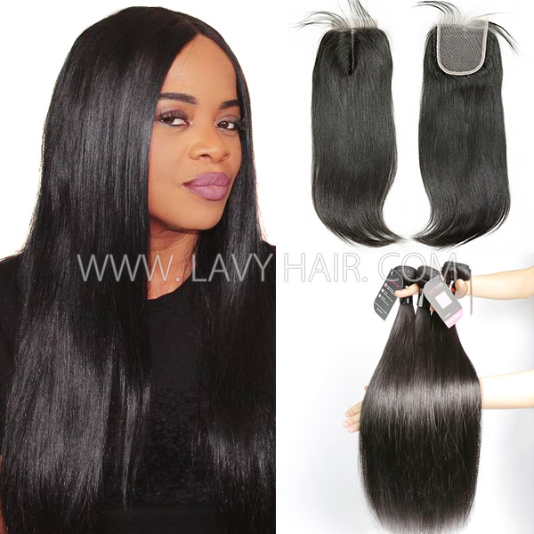 Superior Grade mix 3 bundles with lace closure Cambodian Straight Virgin Human hair extensions