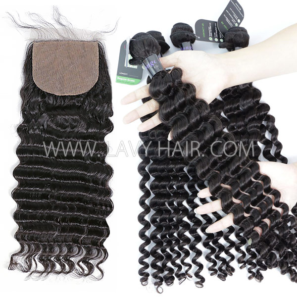 Regular Grade mix 3 bundles with silk base closure 4*4" Mongolian Deep wave Virgin Human   hair extensions