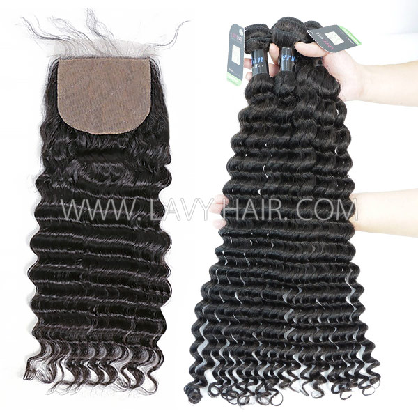 Regular Grade mix 3 bundles with silk base closure 4*4" Peruvian Deep wave Virgin Human hair extensions