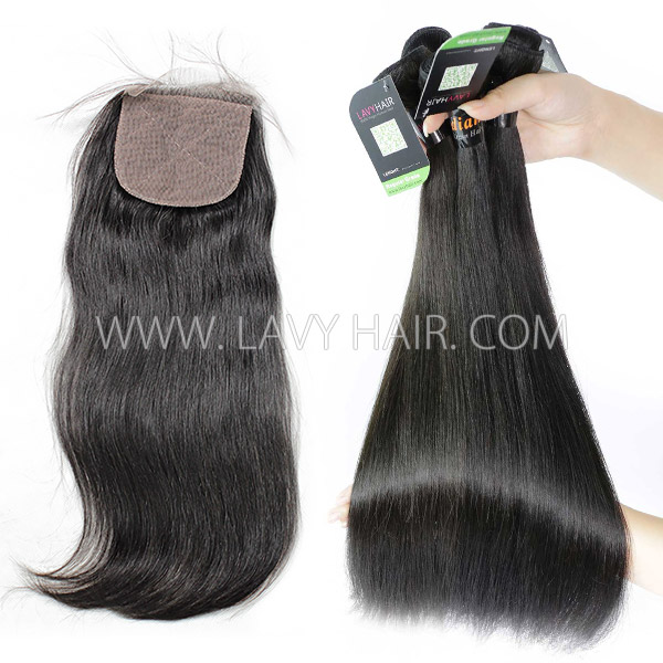 Regular Grade mix 3 bundles with silk base closure 4*4" Indian Straight Virgin Human hair extensions