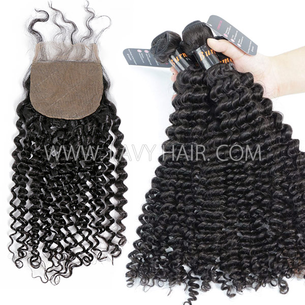 Superior Grade mix 3 bundles with silk base closure 4*4" Burmese Deep Curly Virgin Human hair extensions