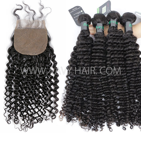 Regular Grade mix 3 bundles with silk base closure 4*4" Brazilian Deep Curly Virgin Human hair extensions