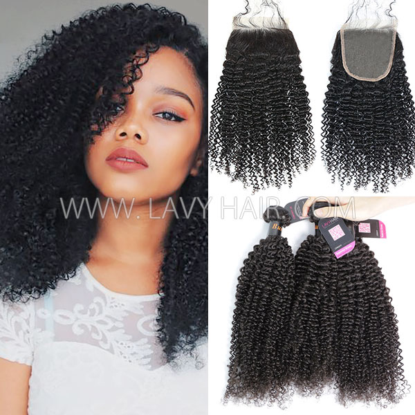 Superior Grade mix 3 bundles with lace closure Burmese Kinky Curly Virgin Human hair extensions
