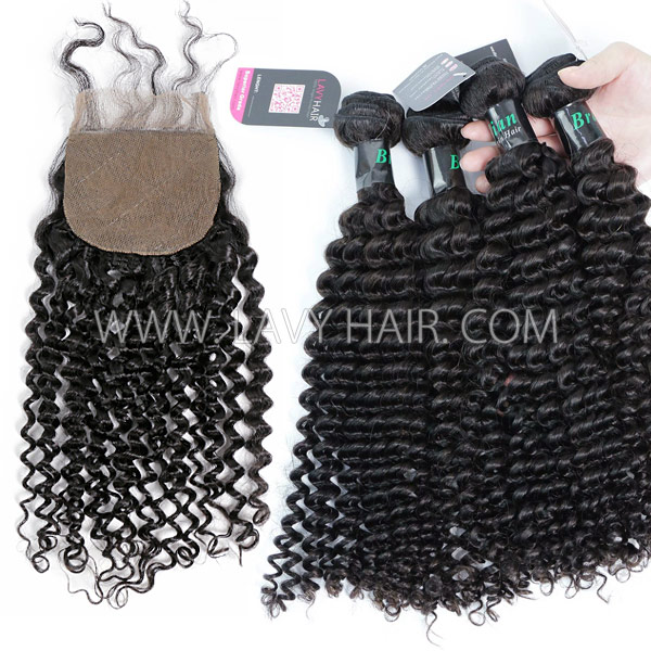 Superior Grade 4 bundles with silk base closure 4*4" Deep Curly Virgin hair Brazilian Peruvian Malaysian Indian European Cambodian Burmese Mongolian